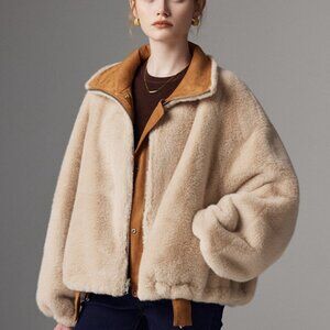 Cozy Light Brown Reversible Faux Mink Fur Zip-Up Aviator Coat